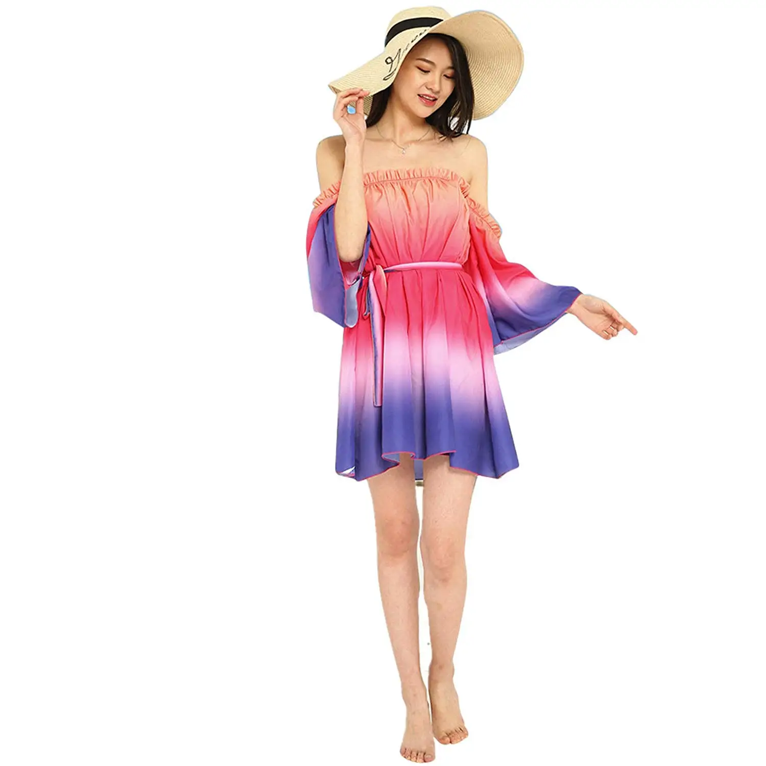 ❤ HOT SALE! Londony Women's Summer Flare Sleeve Ruffle Off the Shoulder Rainbow Swing Dress,Tunic Short Dress for Women (Hot Pink ❤️, M)