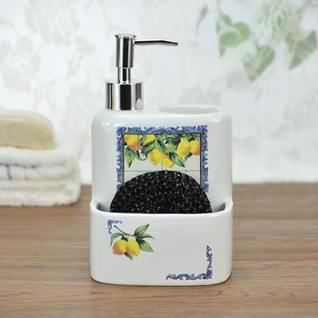 Lemon Pattern Decal Ceramic Soap Dispenser With Sponge Holder Lemon Pattern Decal Ceramic Soap Dispenser With Sponge Holder