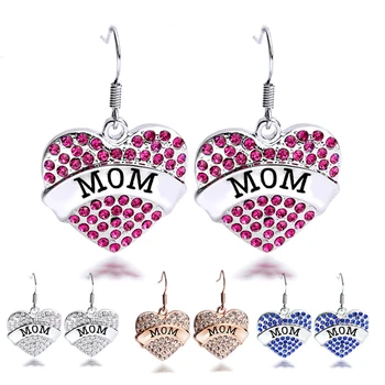 Colorful Mom Letters Engraved Rhinestone Heart Simple Silver Earring Colorful Mom Letters Engraved Rhinestone Heart Simple Silver Earring Designs For Women Gift