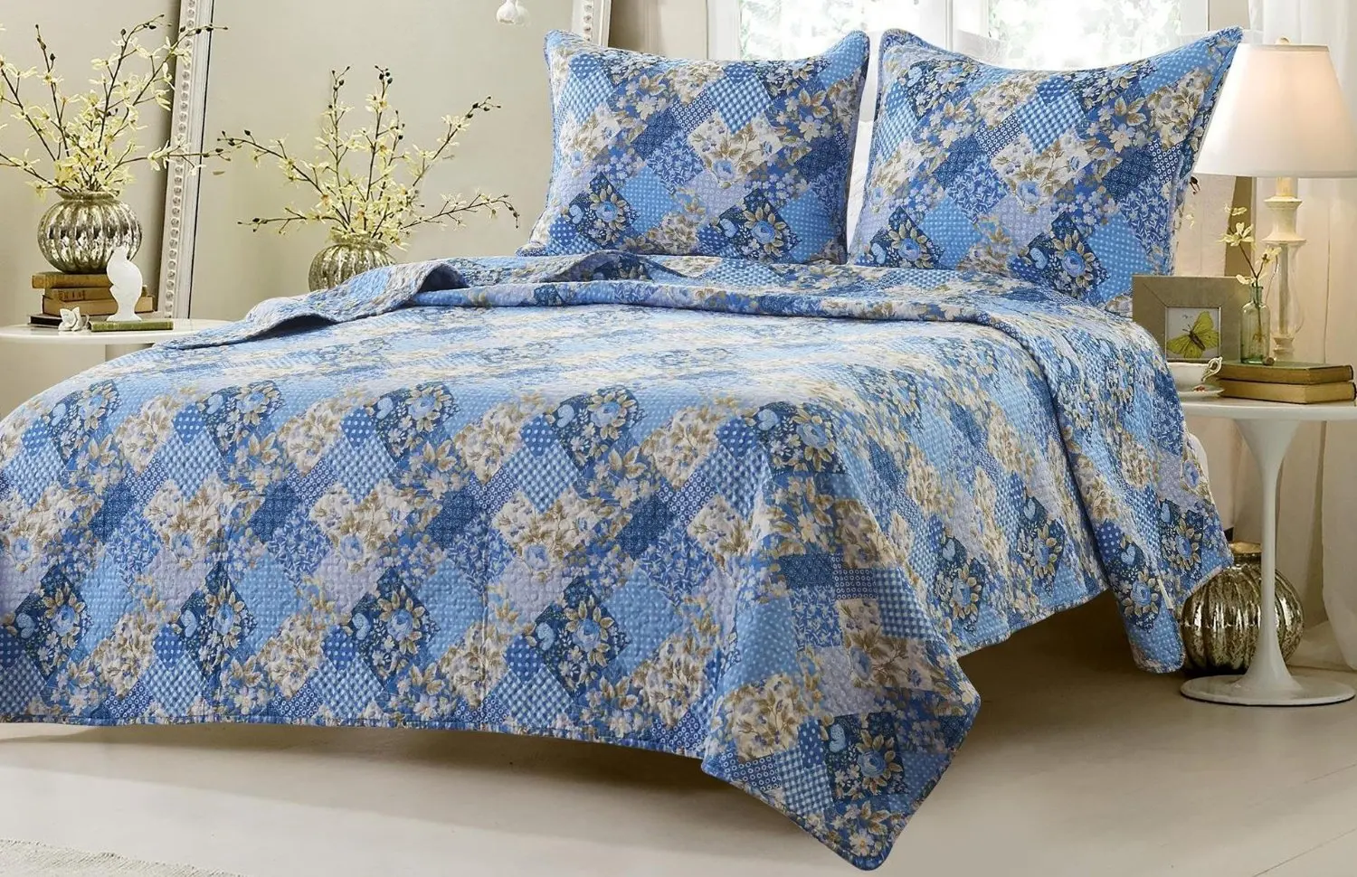 Web Linens Inc 3pc Floral Blue Patchwork Quilt Set - Style # 1048 - King/California King - Cherry Hill Collection