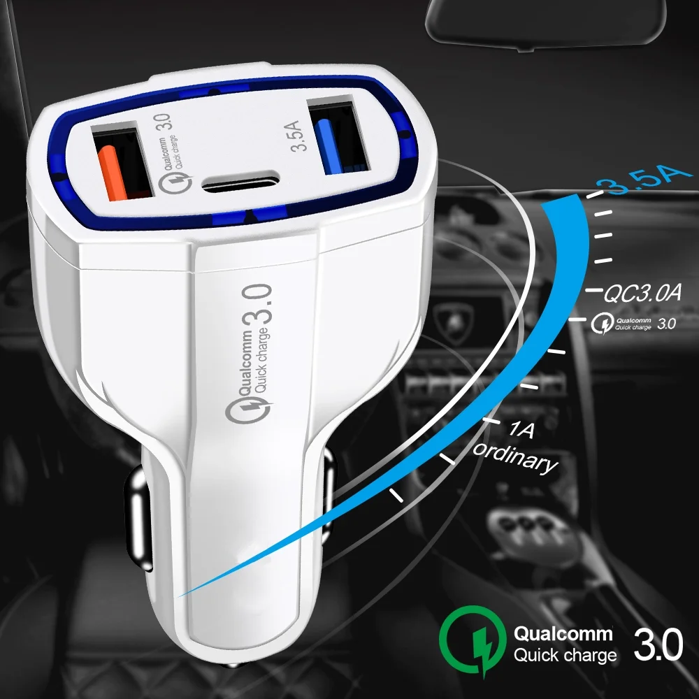 Free Shipping XINBEST Newest Portable Dual USB+TYPE C Quick Charge 3.0 Car Charger Mobile Phone Charger USB Car Charger