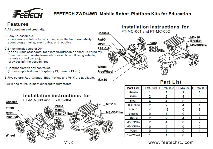 FEETECH FT-MC-001 2WD Mini Robot Mobile Platform Kit For Education