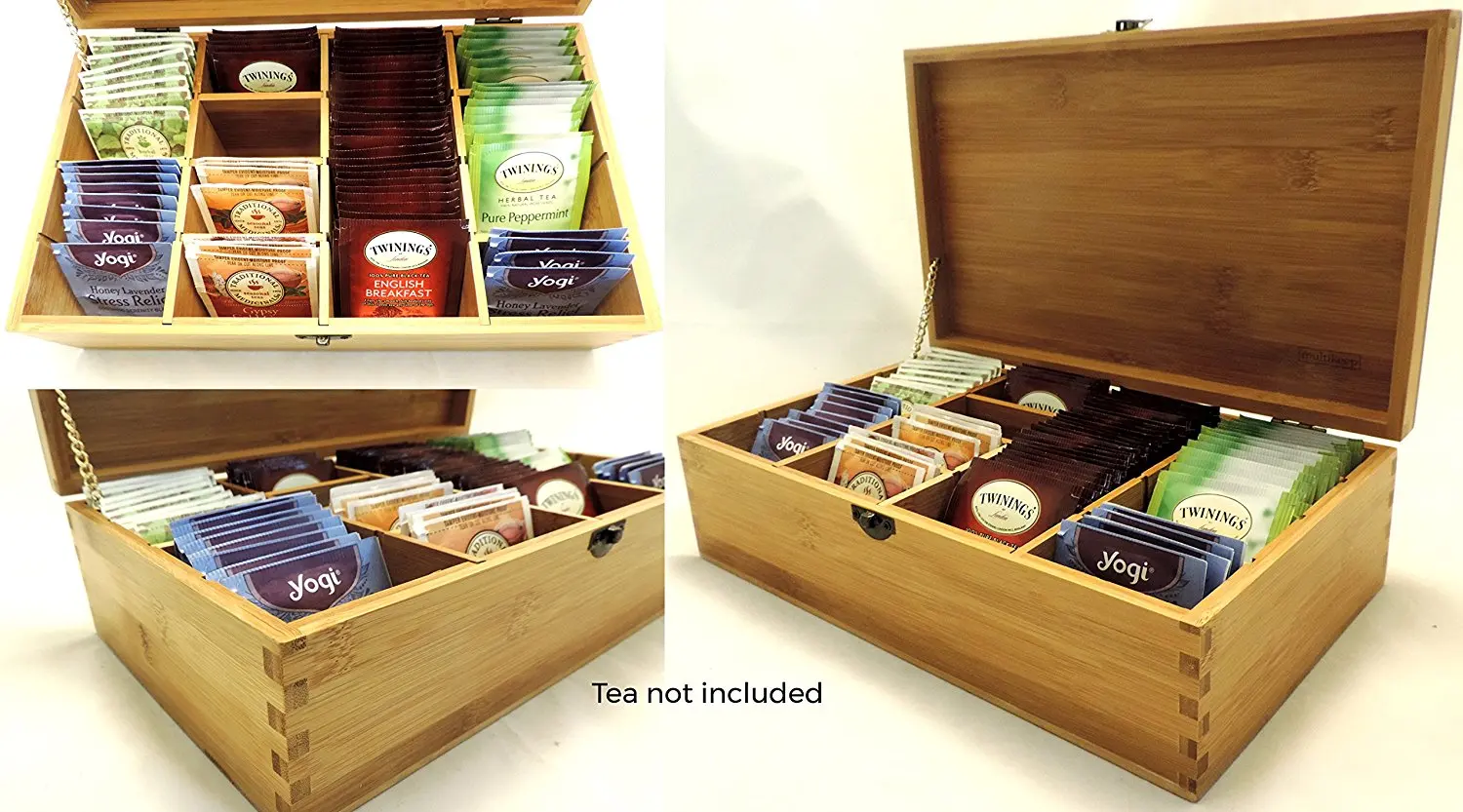 Adjustable Tea Bag Storage Organizer Bamboo Latching Lid Blank Lid