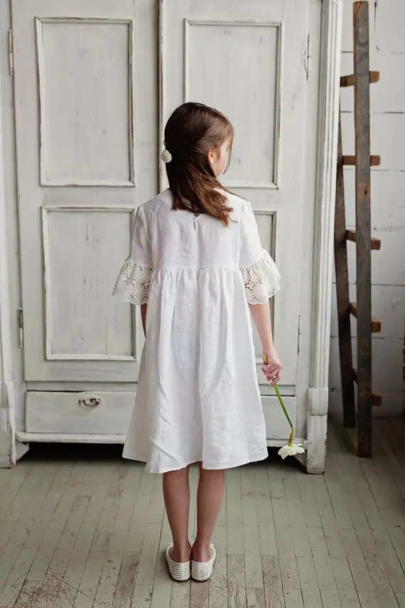 Baby Toddler Girls White Linen Dress Lace Design Dress Made With Pre