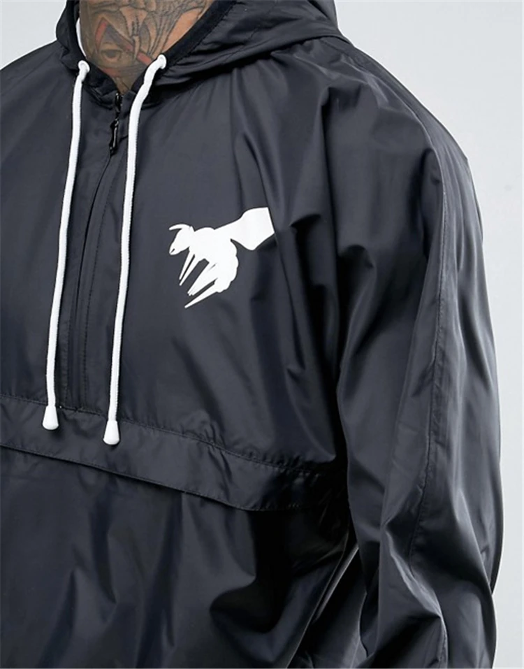 Custom Silk Screen Printing Polyester Fashion Windproof Half Zip Jacket Mens Black Windbreaker 