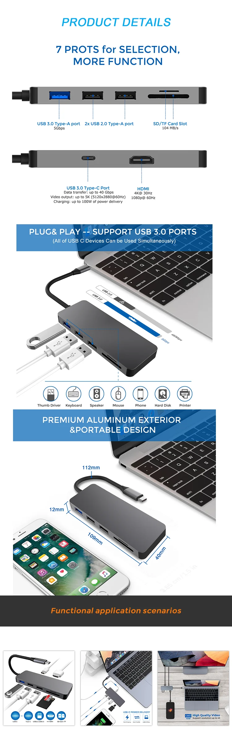 New Design Mini Industrial Usb Type C Adapter Driver Custom 7 Port Usb Hub