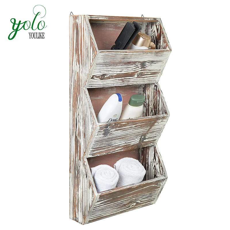 Rustic Wood Wall Mounted Bathroom Storage Rack For Warehouse,3 Tier 30