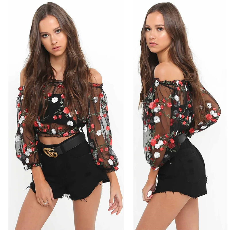 black floral embroidered mesh top