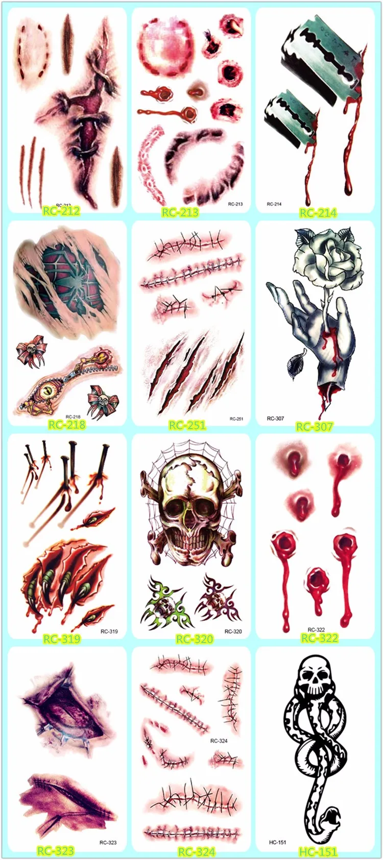 Latest 2016 Horror Temporary Tattoos Bleeding Wound Scar Halloween