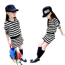 Girl Dress Autumn 2016 Long Sleeve Black & White Stripes Girls Cotton Dress Teenage Dress vestidos Infantis Clothes