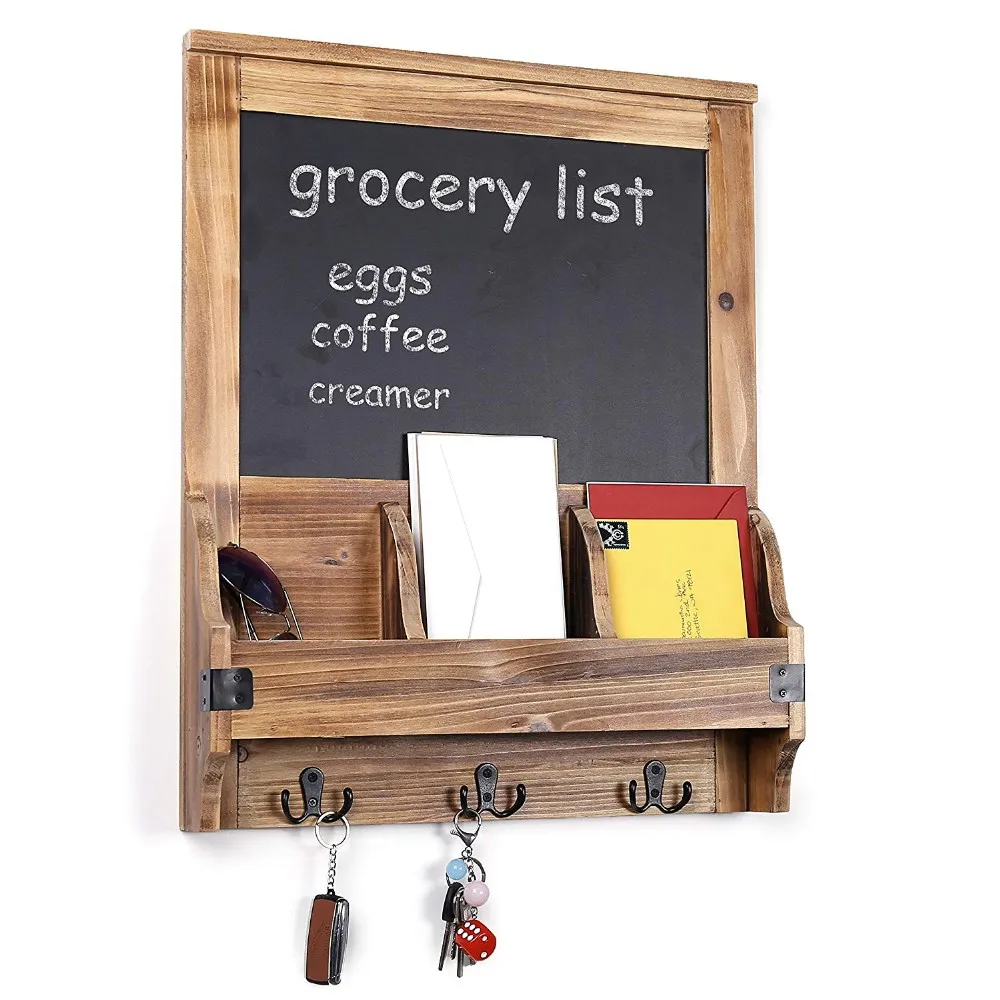 Rustic Burnt Wood Wall Mounted Entryway Mail Organizer With