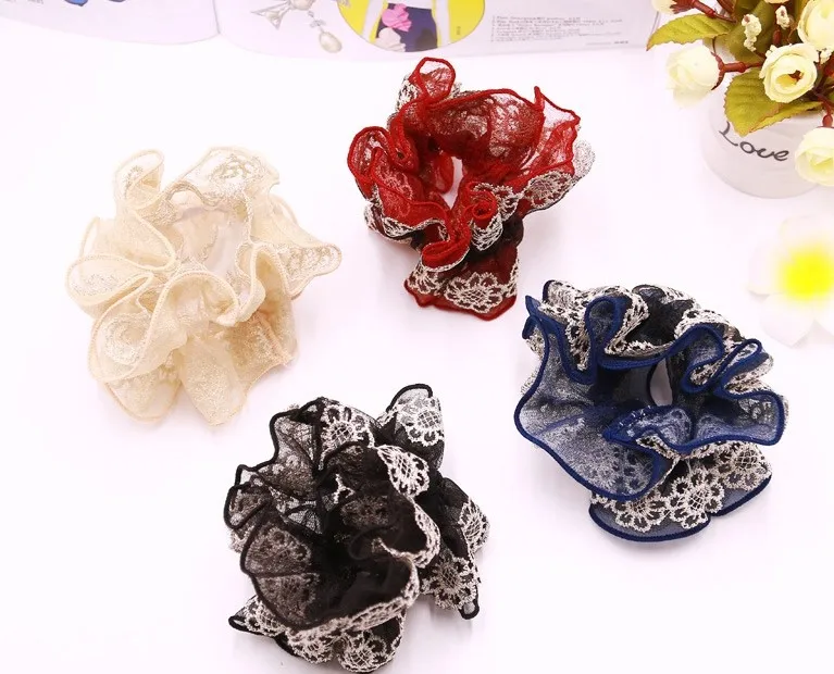 Vintage Lace Red Big Fabric Hair Scrunchy Hair Ties Backs Ponytail