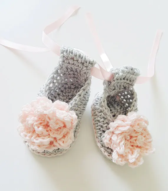 Grey Crochet Baby Ballerina Shoes in Cotton with Pink Crochet Flower Spring and autumn Crochet Baby