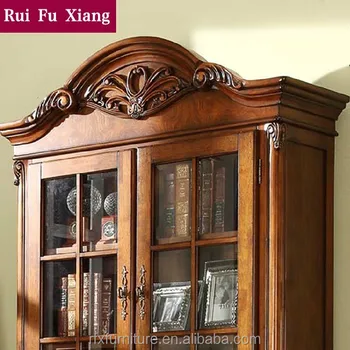 Classic Country Style Wood Book Cabinet With Glass Doors And