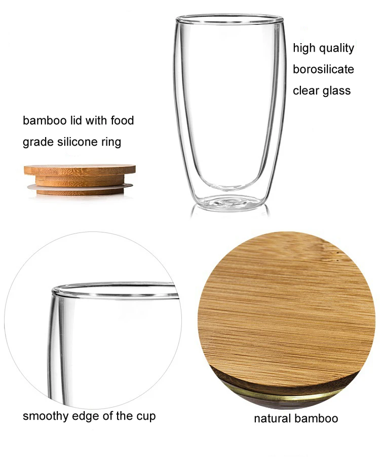 250ml 350ml 450ml Double Wall Glass Cup with Bamboo Lid
