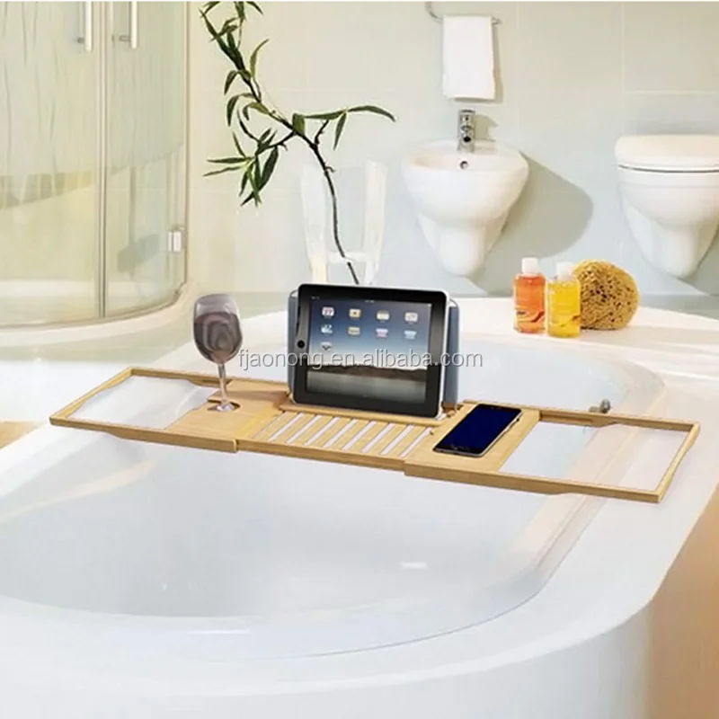 Aonong Bambú Bañera/Ducha Caddy con Extensible Lados libro del soporte