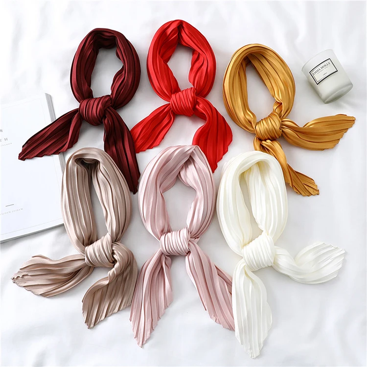LRTOU Wholesale Custom Printing Girls Pleated Silk Scarves Fashion Solid Color Satin Silk Crinkle Square Neck Scarf For WomenCustom Printed Hair Silk Scarves Ladies Wholesale Fashion Solid Color Pleated Satin Silk Square Neck Scarf Women 