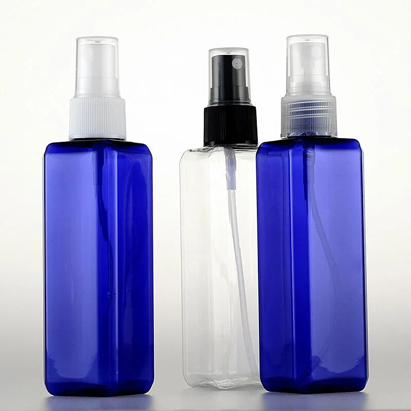 100 Ml Clear Blue Pet Square Shape Fine Mist Spray Toner Bottle With