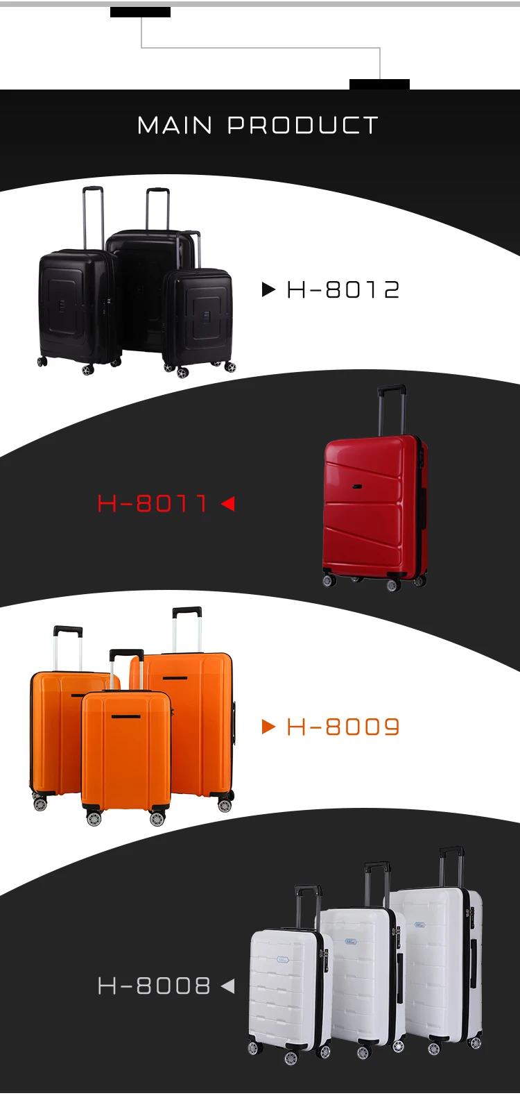 Taizhou PP unbrealable 8 wheels trolley bag travel luggage suitcase