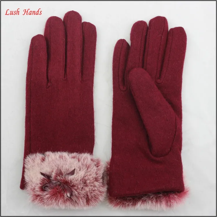 women winter woolen gloves with fake fur