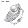 PAG&MAG The Latest Design Silver White Gold Color Feather Shape Ring Mounting A pretty Natural Pearl For Women Daily-life
