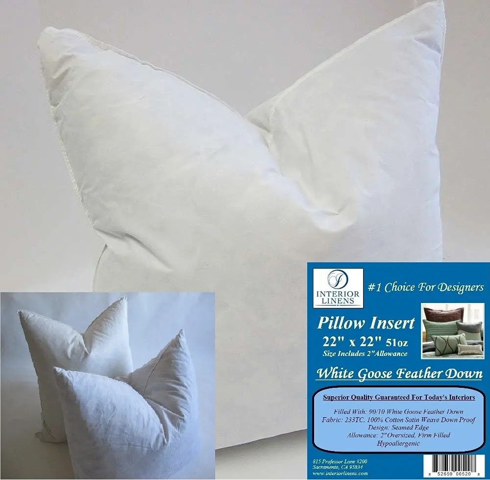 2 Pillow Inserts: 22"x22" 51oz. 90/10 White Goose Feather Down - 2" Oversized & Firm Filled (Actual Size: 24"x24")