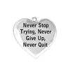 Antique Silver Plated Metal Heart Message Never Give Up Inspire Motivation Pendant