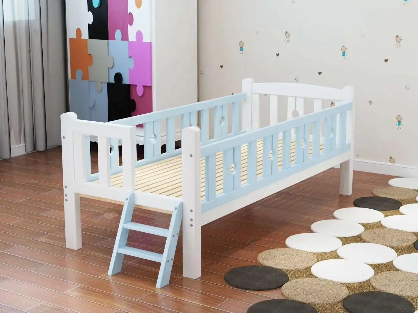 Children bedroom furniture safely get in and out stair case rail solid wood kids bed TYKB001