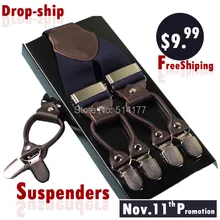 Moda liga 6 clips de couro ocasional do vintage masculino suspensórios suspensórios cinta comercial-estilo ocidental calças do homem