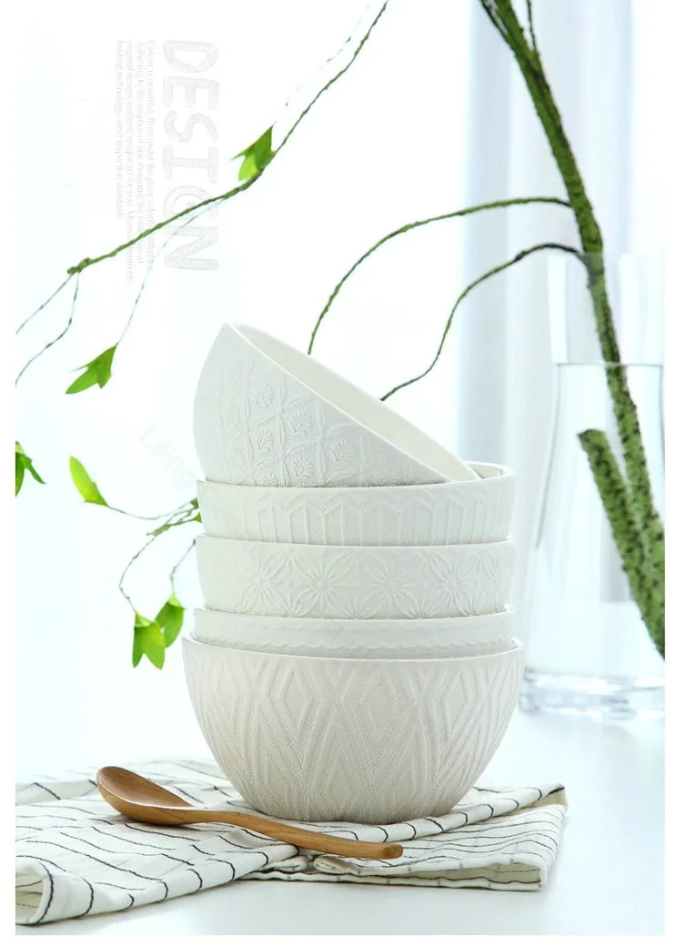 White Embossed Ceramic Plain Soup Bowl Set 3d Ceramic Fruit Bowl Large