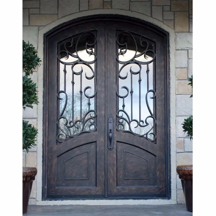 Arch Round Top Residential Cheap Steel Double Wrought Iron Entry