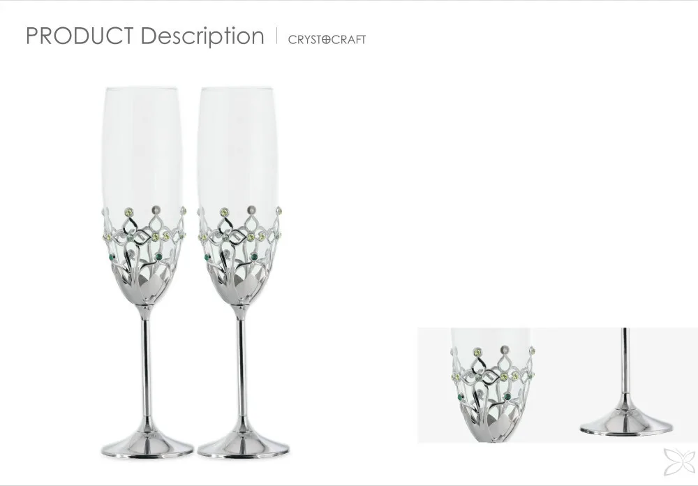 Customised Luxury Gothic Style Metal Craft Couple Champagne Flutes K9 Glasses Set Pair With