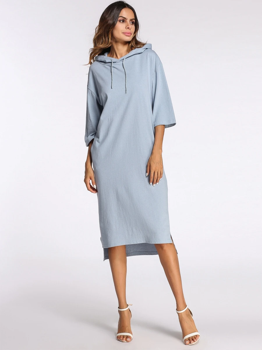 A3450 Straight Long Sleeve Women Hooded Collar Simple Style Dress Knee Solid Light Blue Dress 