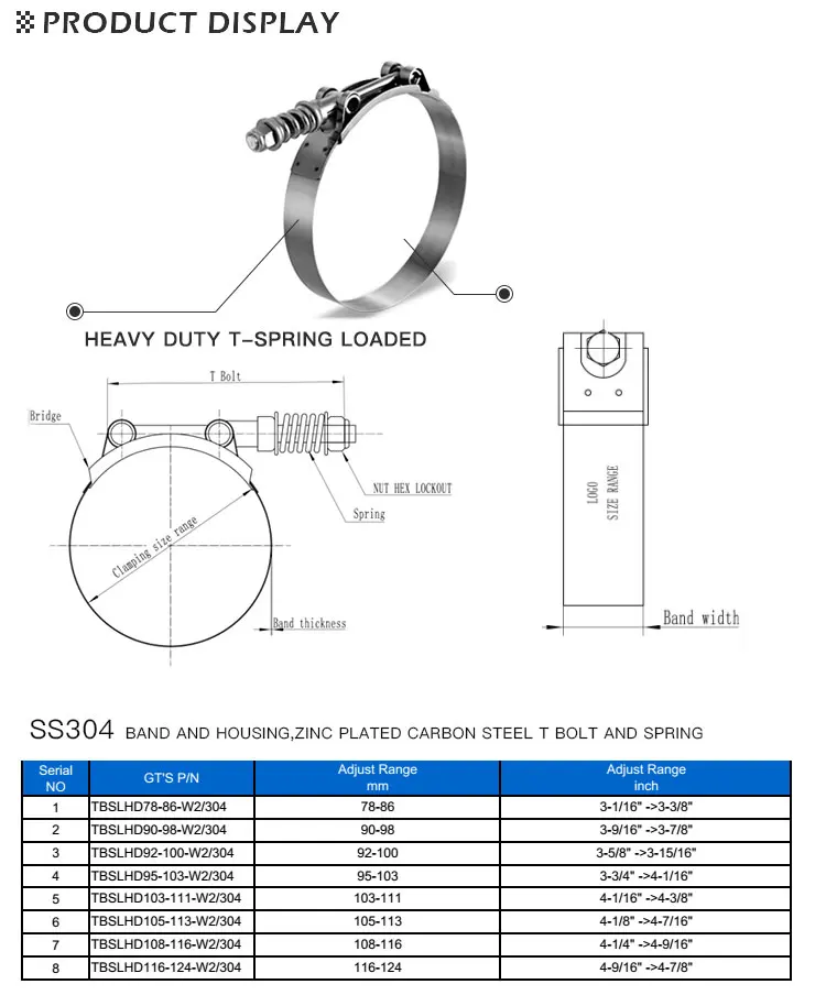 Heavy Duty T Bolt Spring High Quality Loaded Hose Clamp Stainless Steel Hose Clamp