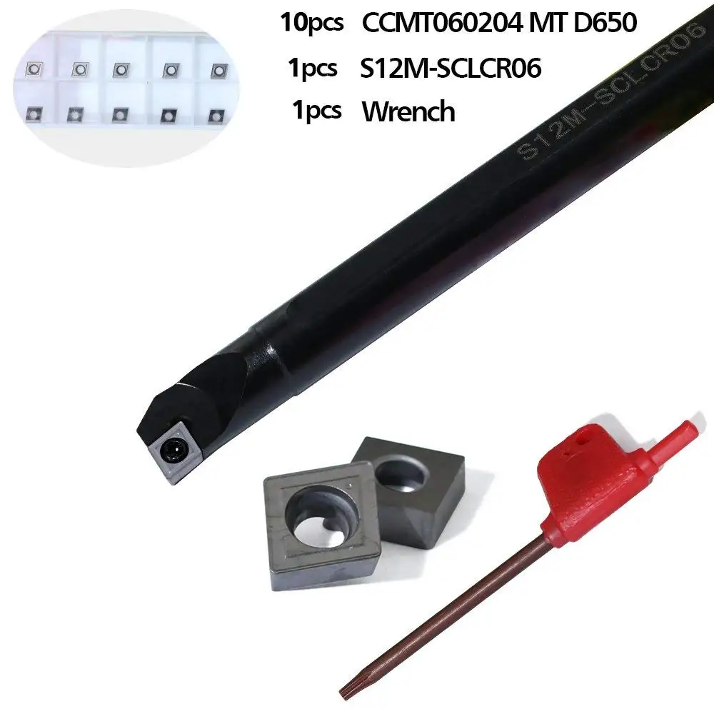 Boeray 1pcs S12M-SCLCR06 Turning Tool Holder Boring Bar+ 10pcs CCMT060204 MT D650 Carbide Inserts + 1pcs Wrench CNC Turning Tool