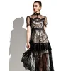 2019 Summer new skirt female dress black lace short-sleeved mesh dress