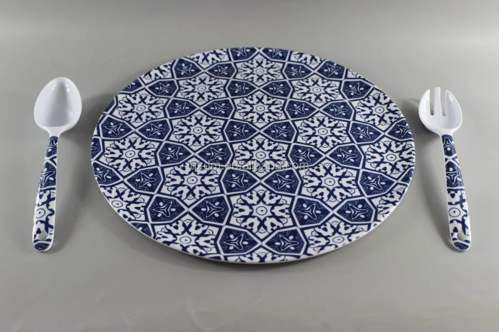 Large Melamine Salad Serving Plate With Salad Spoon And Fork