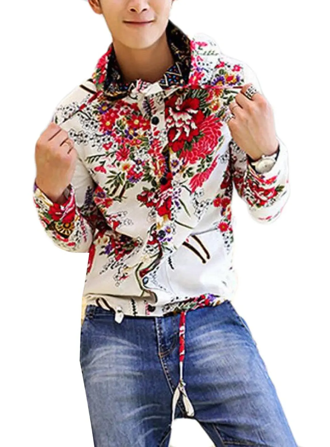 INTERESTPRINT Womens White Daisies Flowers on Red Background Baseball Jacket Coat