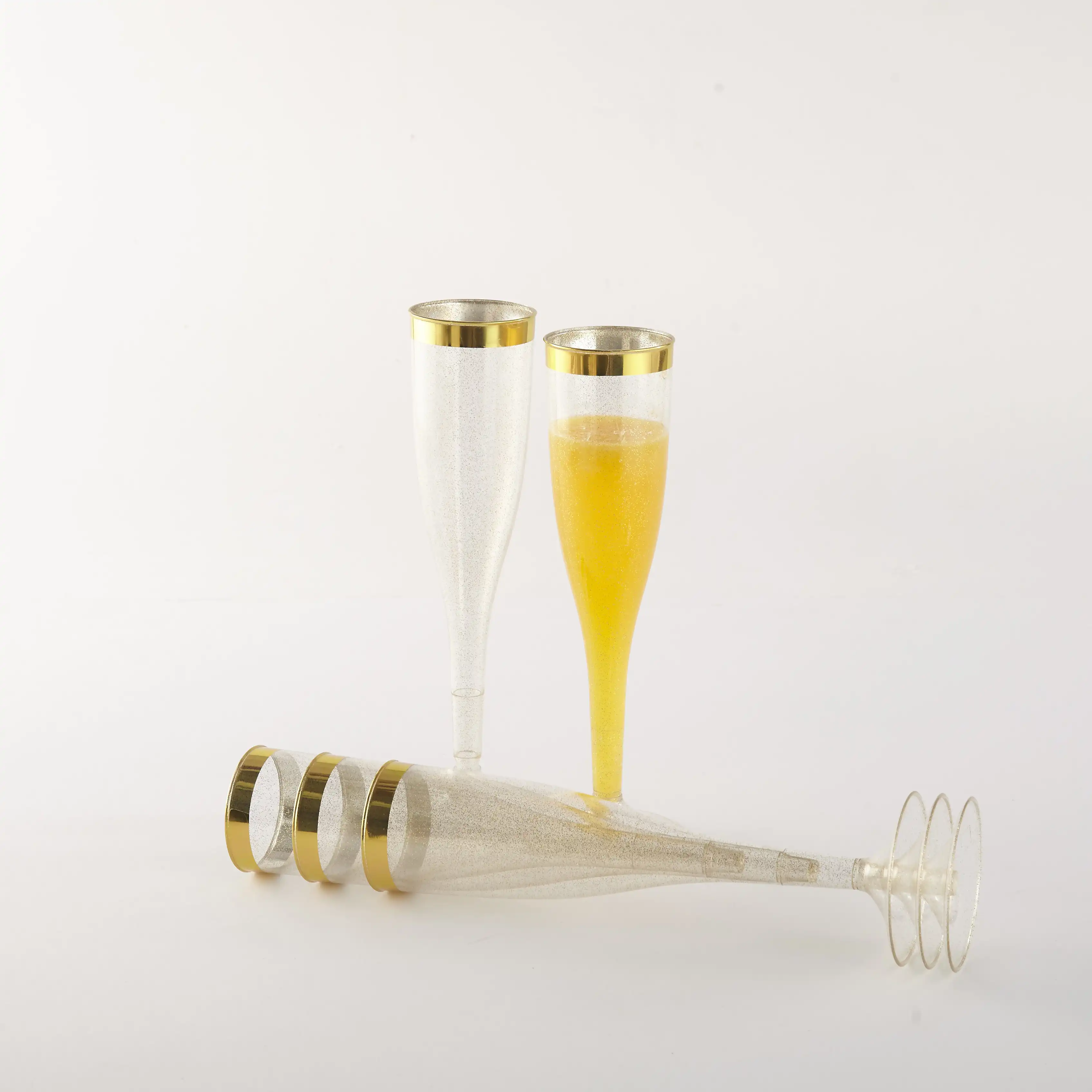 6.5 Oz Gold Rim With Gold Glitter Plastic Champagne Flutes For Wedding