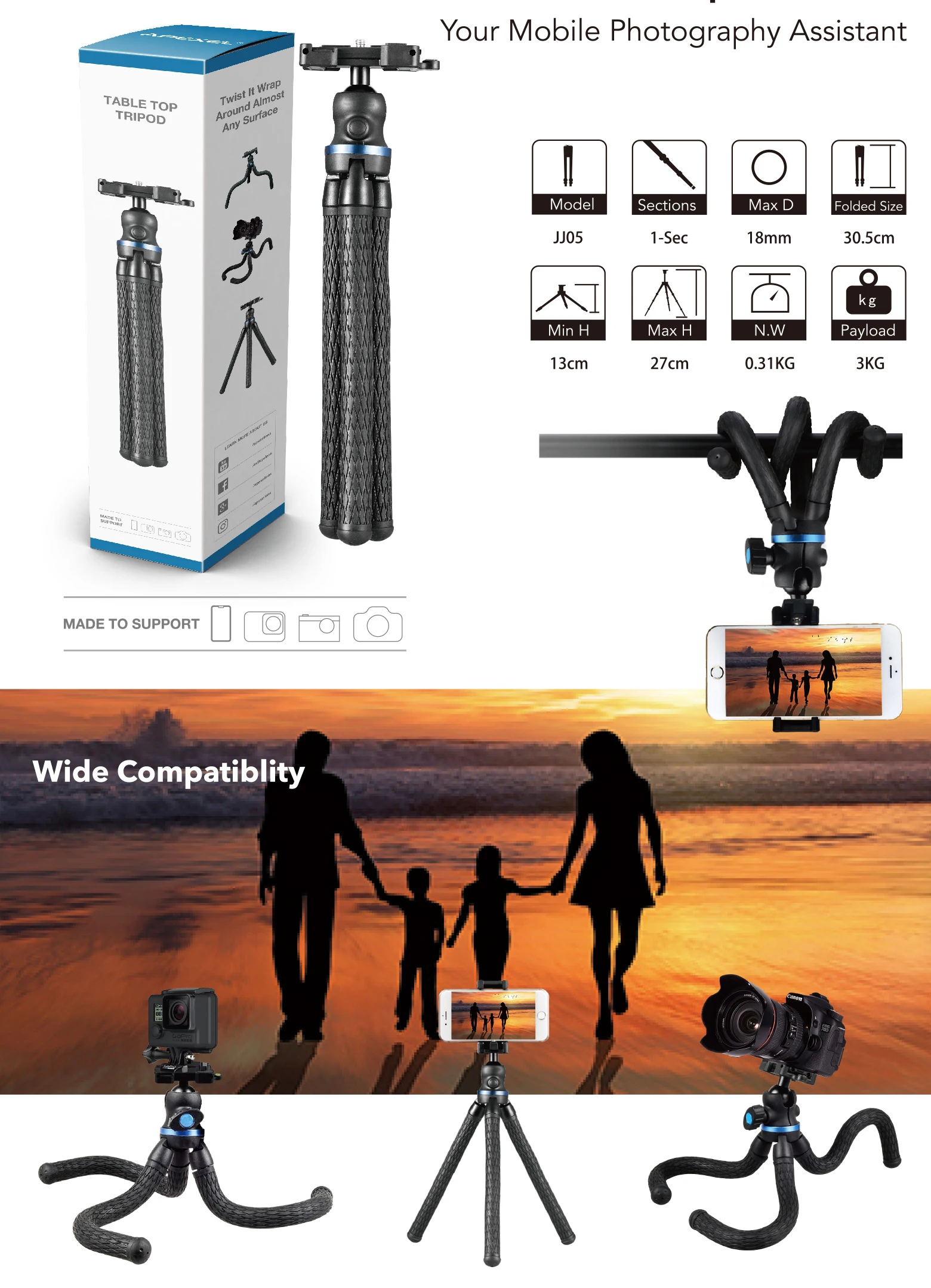 Apexel Phone Tripod Attachment Flexible Waterproof Tripod Mount 360