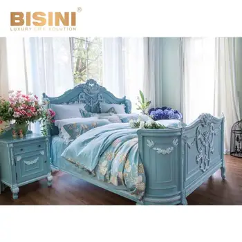 Classic Mediterranean Style Hand Carved Blue Wooden Bed Romantic Carving Wedding King Size Bed Bedroom Furniture View Bedroom Furniture Bisini
