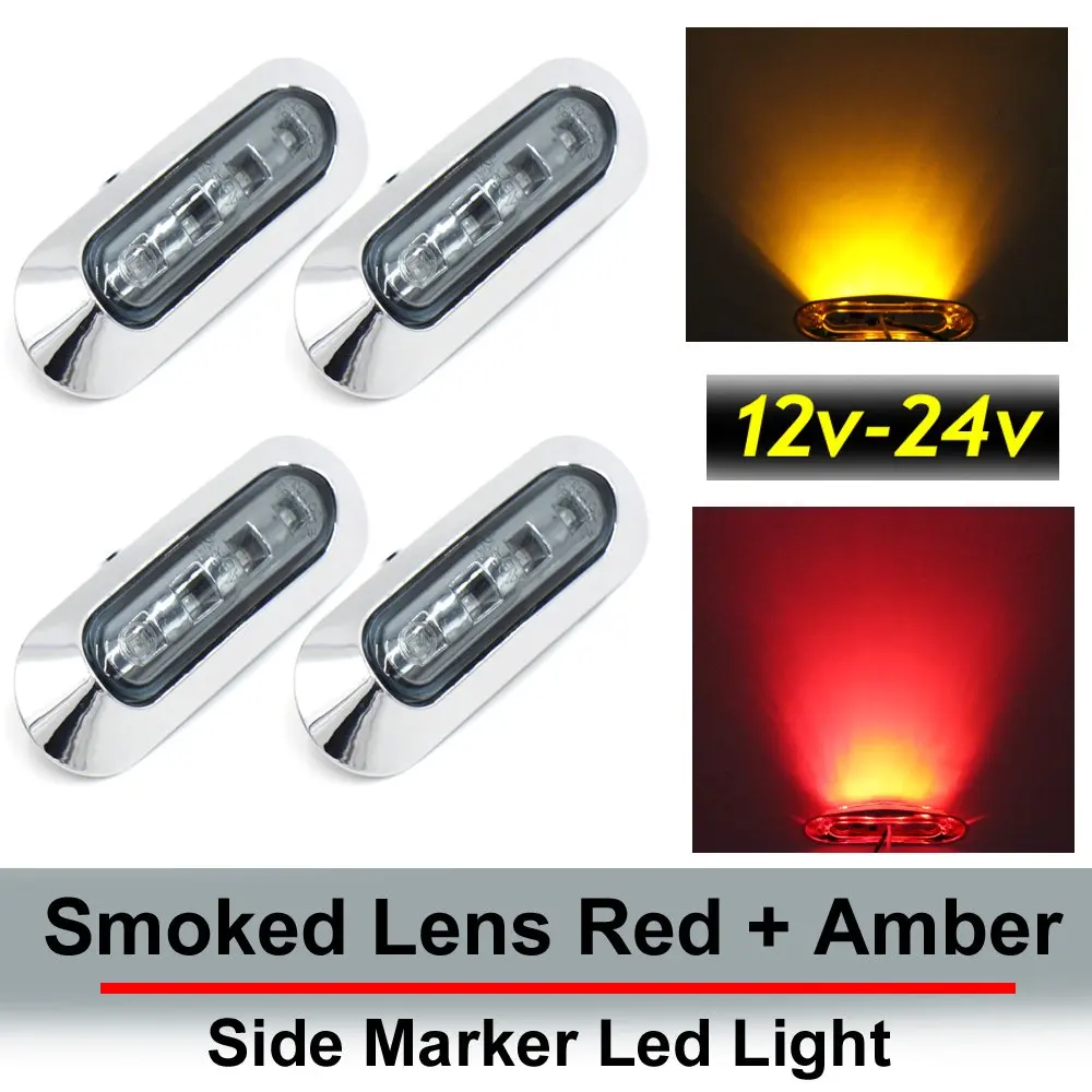 4 pcs TMH 3.6" submersible 4 LED Smoked lens Red & Amber Side Led Marker ( 2 + 2 ) 10-30v DC , Truck Trailer marker lights, Marker light amber, Rear side marker light, Boat Cab RV
