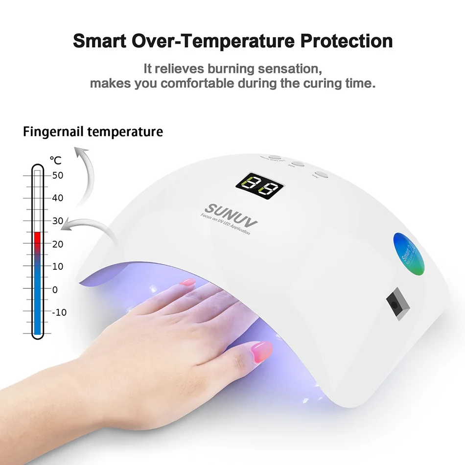 SUNUV SUN8 UV LED Nail Lamp 48W Nail Gel Dryer 30s 60s Timer 90s Low Heat Mode Curing UV LED Gels Nail Polish Art Tools