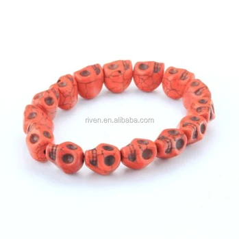 Sn0037 Uni Natural Skull Stone Orange Beads Carved Stretch Sn0037 Uni Natural Skull Stone Orange Beads Carved Stretch Elastic Mens Womens Bracelet