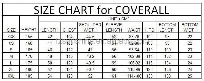 Insulated Coveralls Size Chart