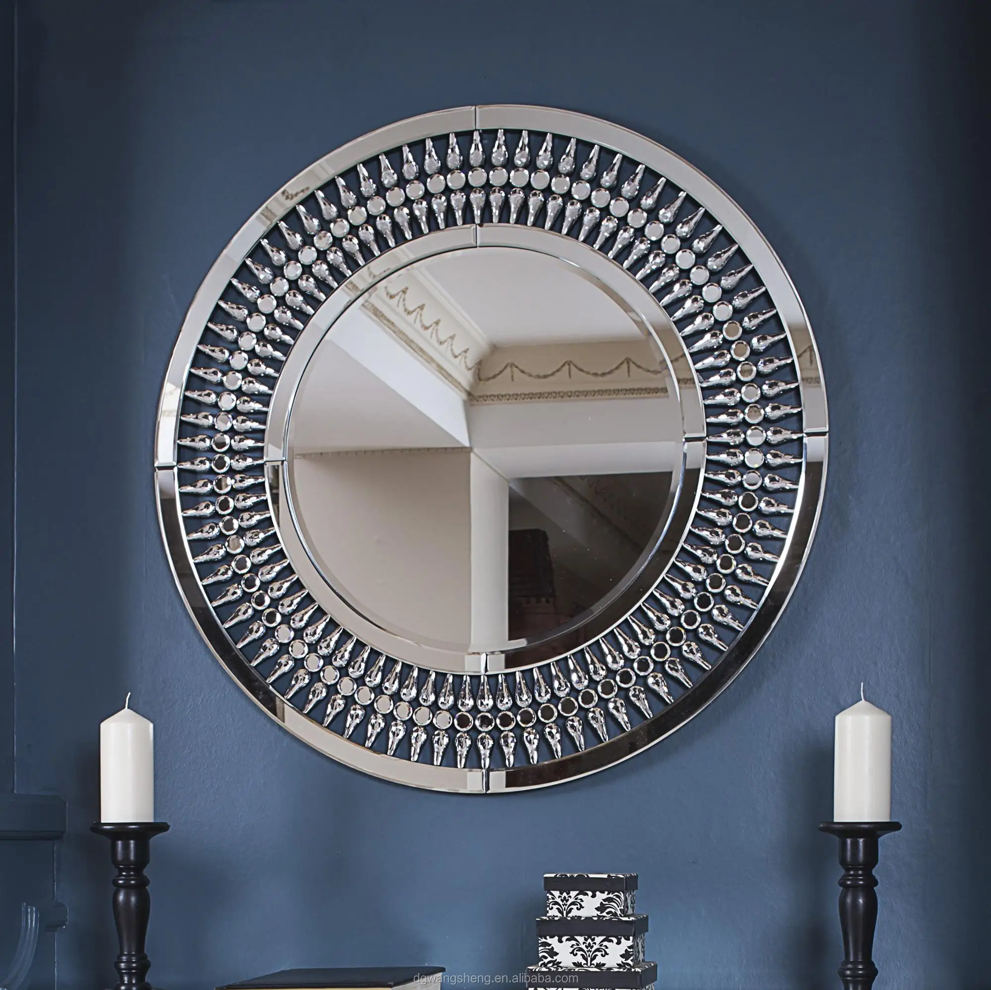 Modern Hallway Luxury Round Wall Mirror With Crystal Console Tables ...