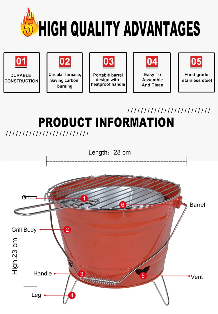 Hot Sales Easy Carried 2 To 6 People Customized Red Metal Charcoal