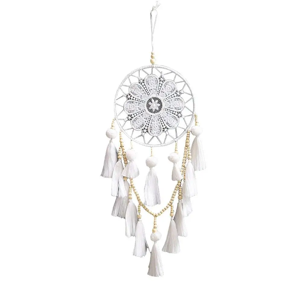 AkoMatial Handmade Dream Catcher-Hand Knitted Indian Wood Beads Tassels Dream Catcher Home Wall Hanging Decor - White