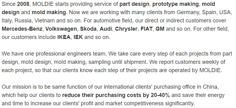 Textový obrázok popisujúci služby spoločnosti v oblasti dizajnu dielov, výroby prototypov a dizajnu foriem od roku 2008, so zmienkami o klientelách ako mercedes-benz a ikea.