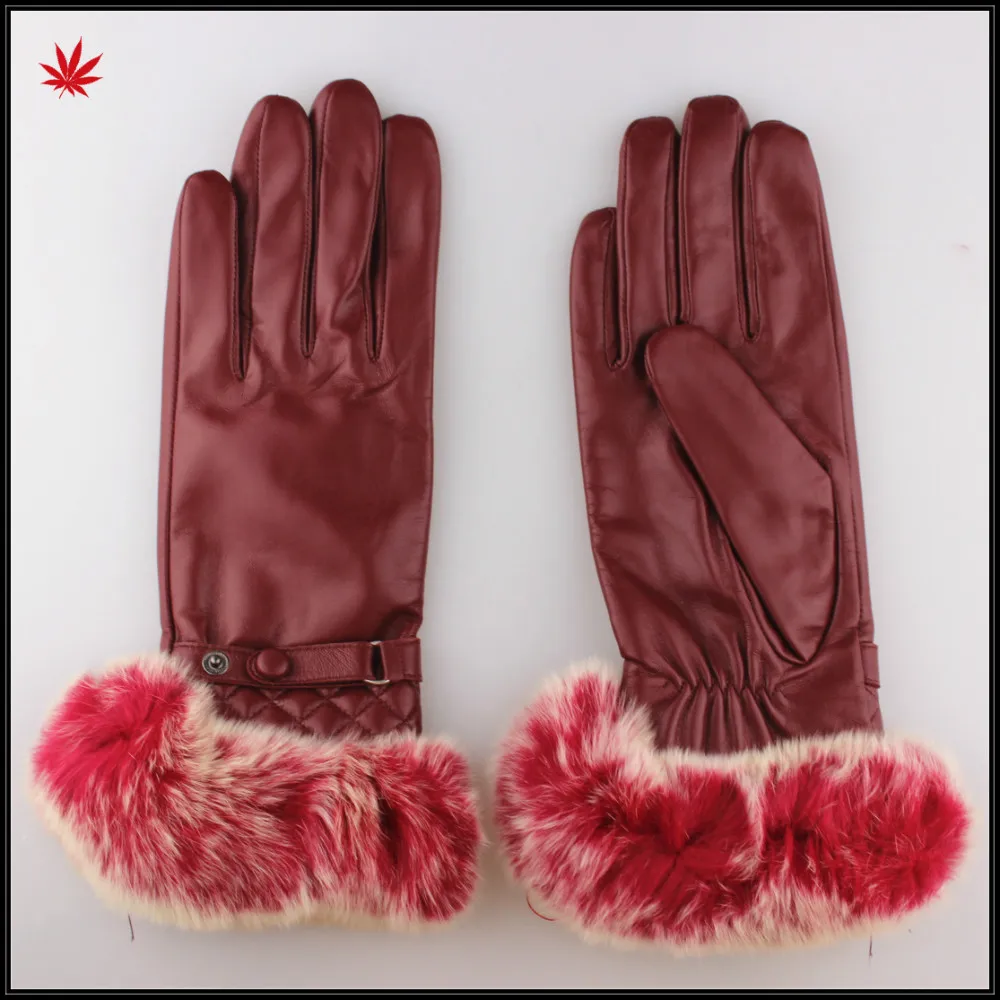 Rabbit fur trim leather gloves for women genuine fur